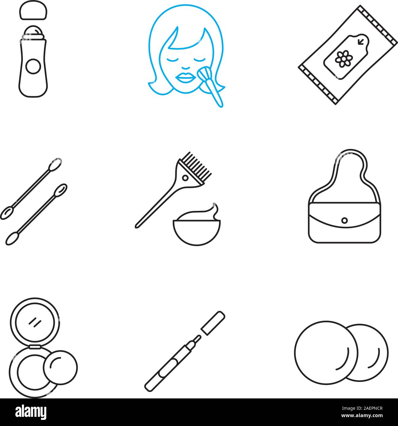 Cosmetics accessories linear icons set. Thin line contour symbols. Roll antiperspirant, wet wipes, cotton pads, earsticks, hair dyeing kit, purse, rou Stock Vector