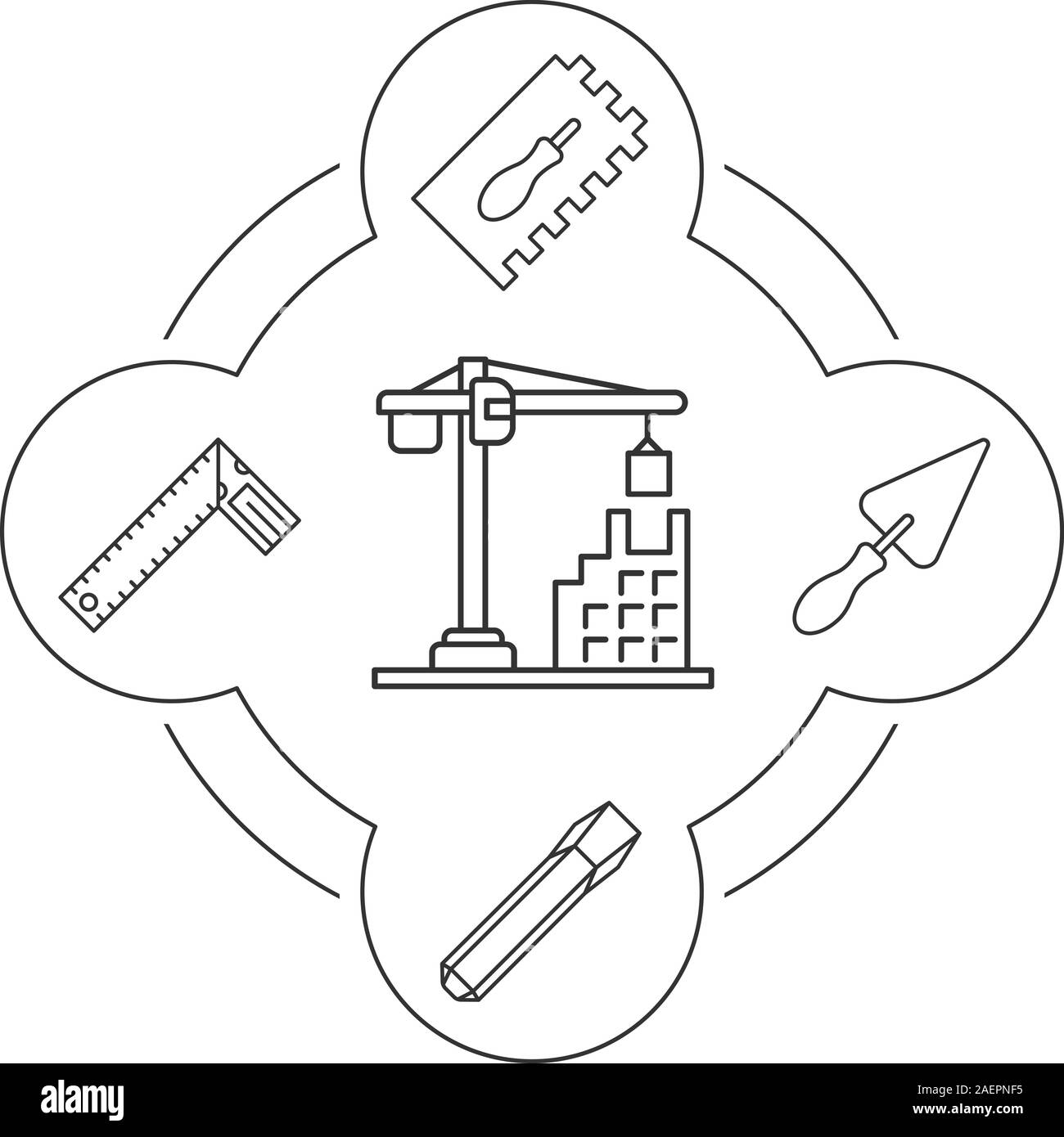 Construction tools linear icons set. Building equipment. Rectangular notched trowel, triangular shovel, iron chisel, set square. Isolated vector illus Stock Vector