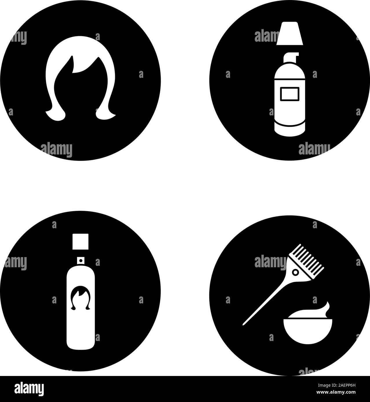 Hair care accessories glyph icons set. Wig, spray bottle, concealer
