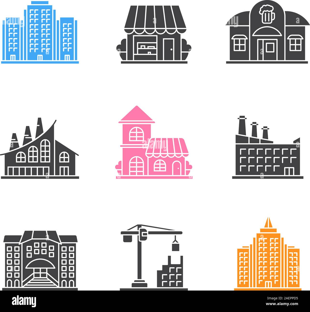City buildings glyph icons set. Multi-storey building, shop, pub, industrial factory, cafe, hotel, university, tower crane, skyscraper. Silhouette sym Stock Vector