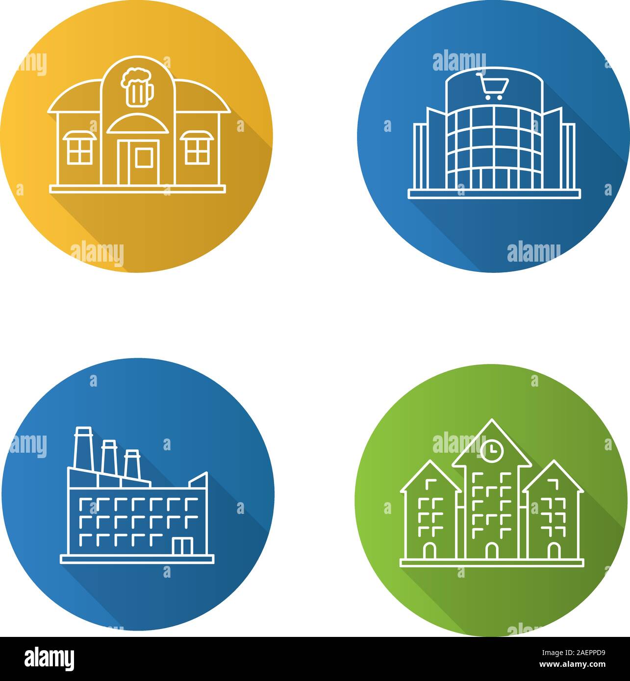 City buildings flat linear long shadow icons set. Pub, shopping center ...