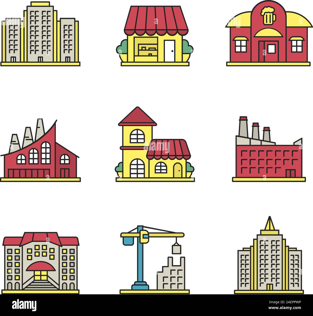 City buildings color icons set. Multi-storey building, shop, pub, industrial factory, cafe, hotel, university, tower crane, skyscraper. Isolated vecto Stock Vector