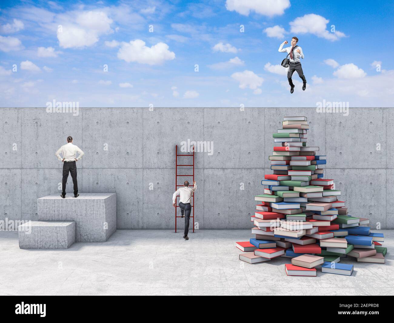 business people try to find a solution to pass a wall that hinders them. The man who studied is successful. Knowledge and problem solving concept. Stock Photo