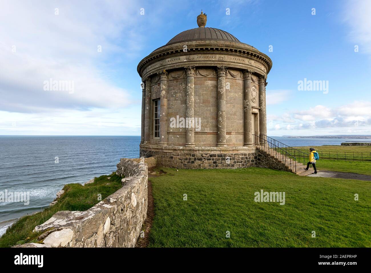 Woman at Library stairs at Downhill Castle at Mussenden Temple in Castlerock, County Londonderry Northern Ireland Stock Photo