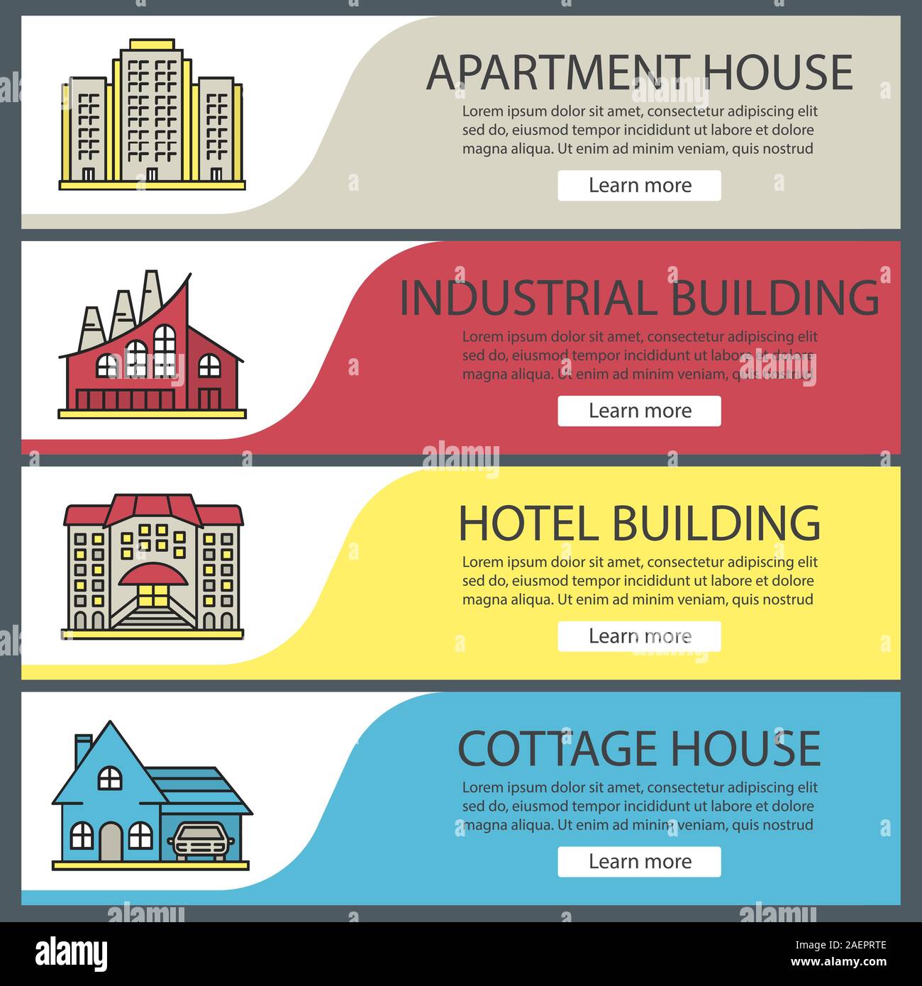 Buildings web banner templates set. Apartment house, industrial 