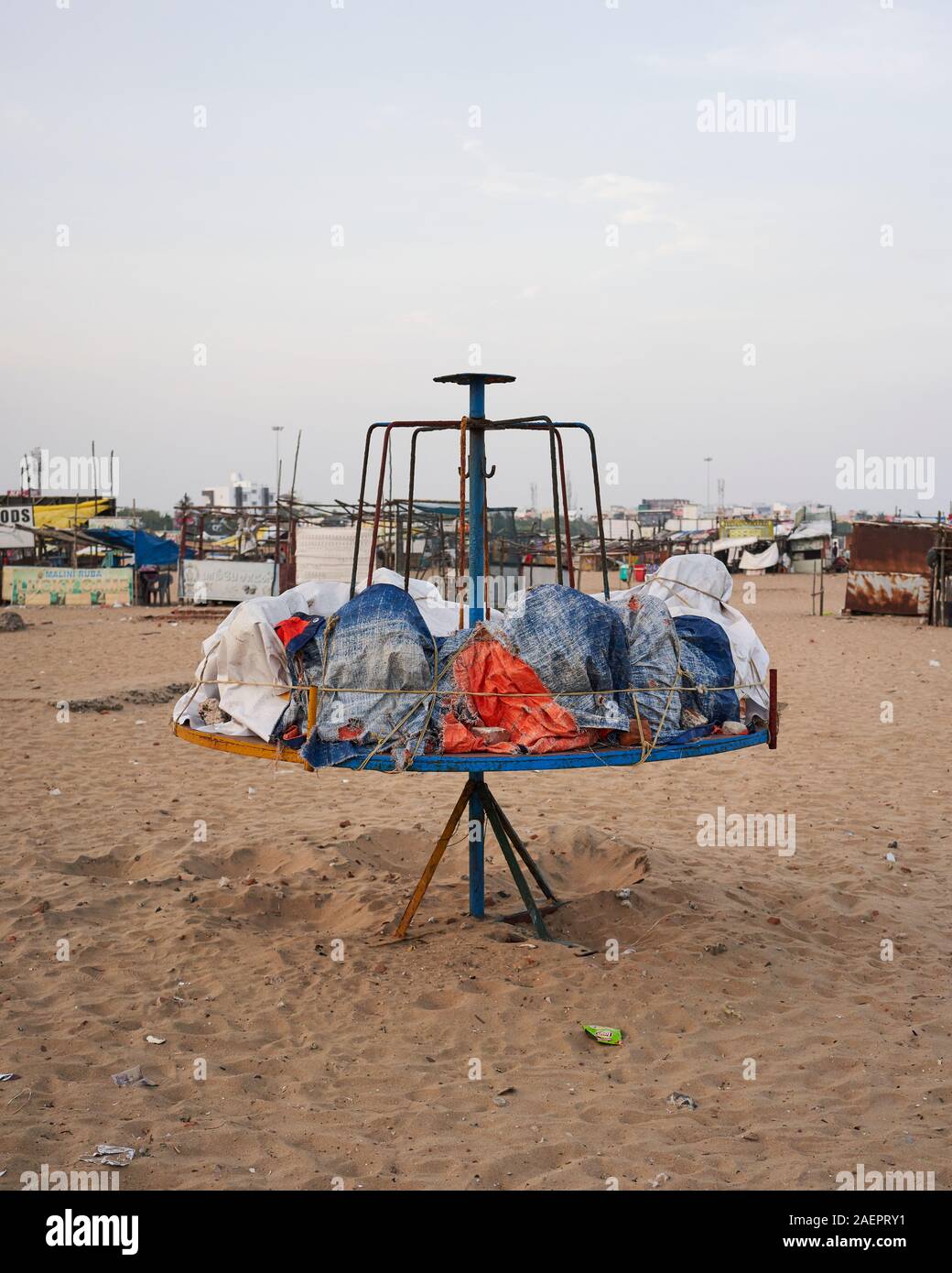 Market stall goods packed away before a potential cyclone hits the coast Stock Photo