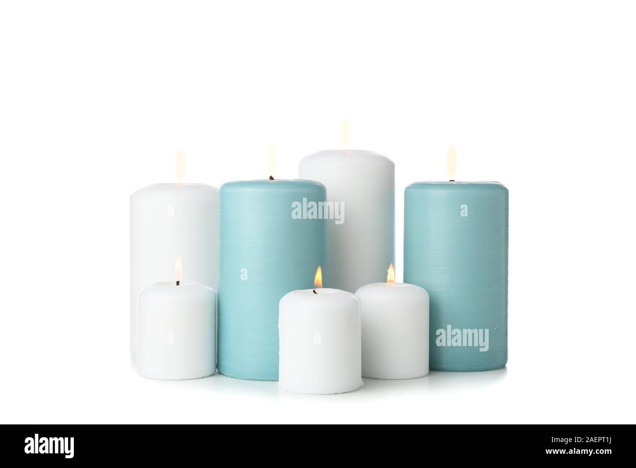 Group of different candles isolated on white background Stock Photo