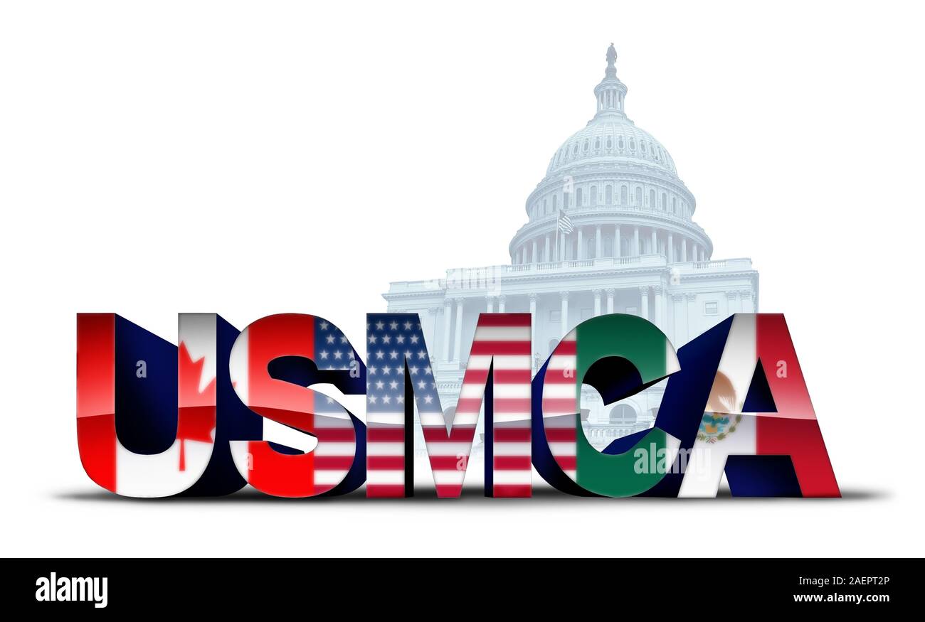 USMCA USA legislation trade agreement or the new NAFTA United States Mexico Canada with north america flags as a deal negotiation and economic deal. Stock Photo