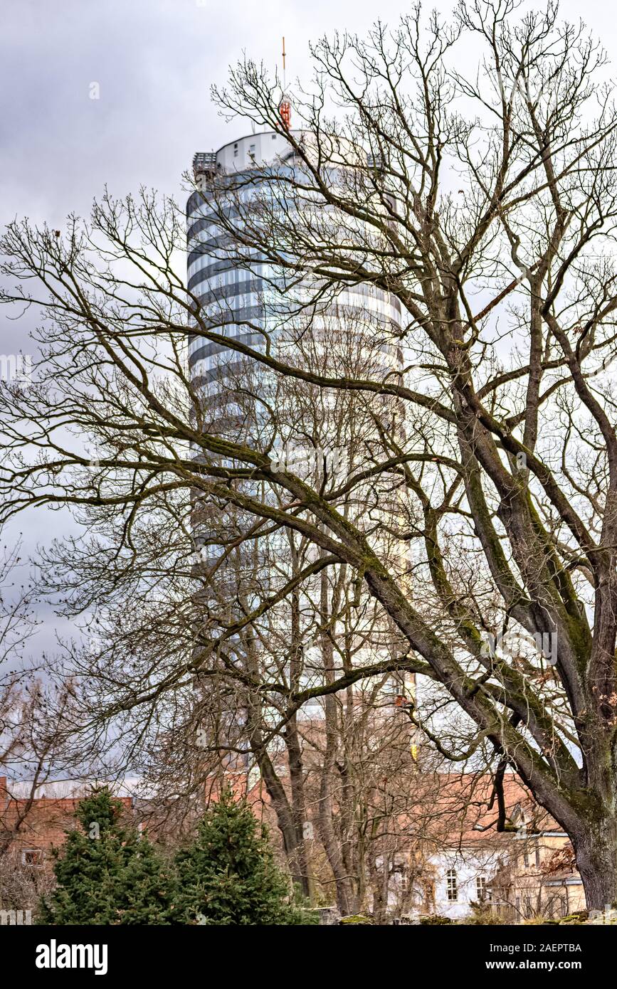 The Jentower in Jena in autumn behind a tree Stock Photo