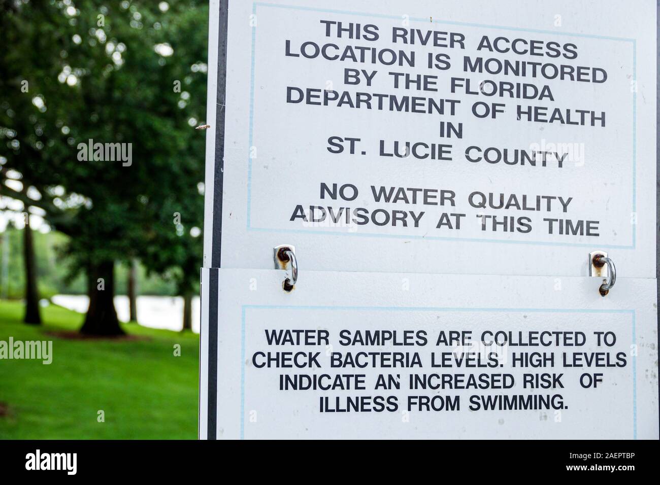 Port St. Saint Lucie Florida,North Fork St. Saint Lucie River Aquatic Preserve,Veterans Memorial Park,sign,Department of Health,water quality swimming Stock Photo
