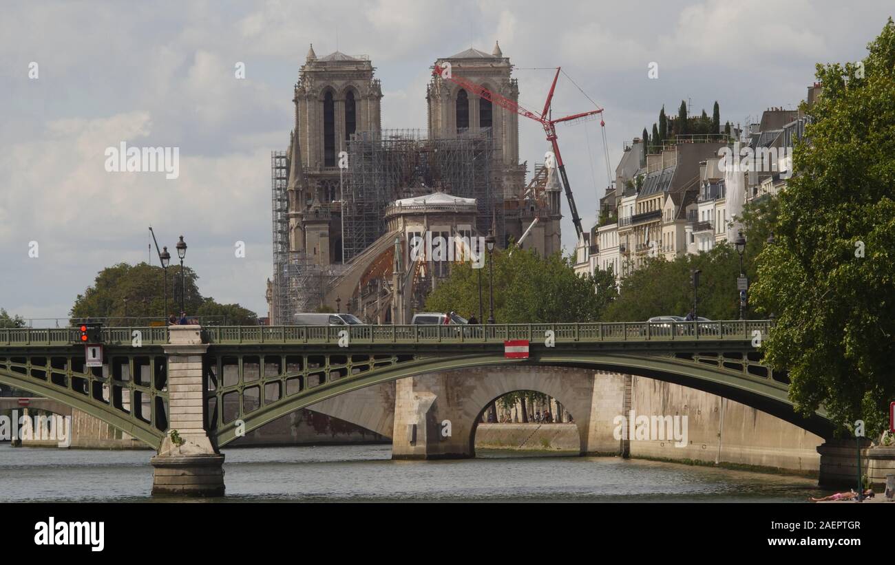 Notre Dame cathedral in Paris shortly after the fire. Stock Photo