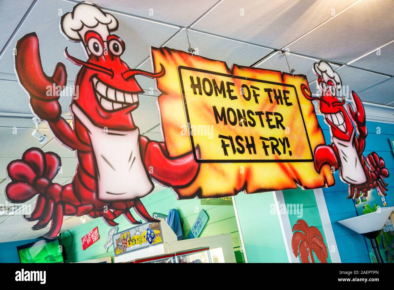 Jensen Beach Florida,Mulligan's Beach House Bar & Grill, restaurant,seafood,marketing,sign,fish fry advertisement ad,FL190920044 Stock Photo