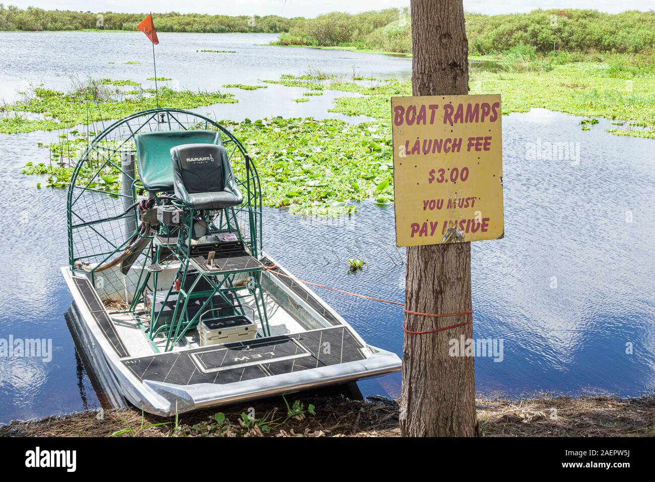 Melbourne Florida,St. Saint Johns River,Camp Holly Airboat Rides,boat ramp,launch fee,sign,FL190920076 Stock Photo
