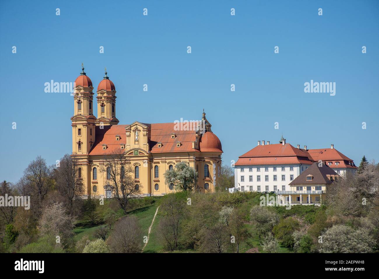 Wallfahrtskirche St. Maria auf dem Schönenberg, Pilgrimage Church St. Maria on the Schoenenberg mountain • Ellwangen, Baden-Württemberg, Deutschland Stock Photo