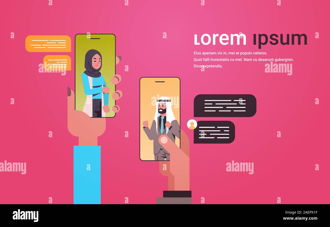 human hands using chatting app social network chat bubble communication concept angry arab man woman arguing messaging in smartphone screens online mobile application portrait copy space vector illustration Stock Vector