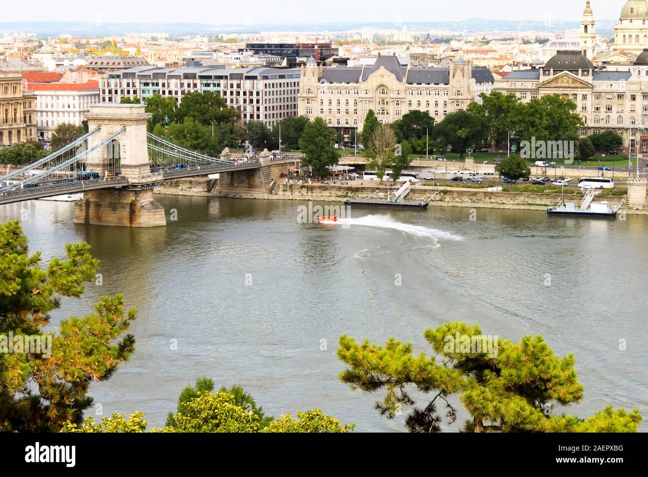 BUDAPEST, HUNGARY 29 JULY 2019: beautiful view of Chain Secheny Bridge over Danube River, Gresham Palace and Saint Stephen's Basilica from Buda Castle Stock Photo