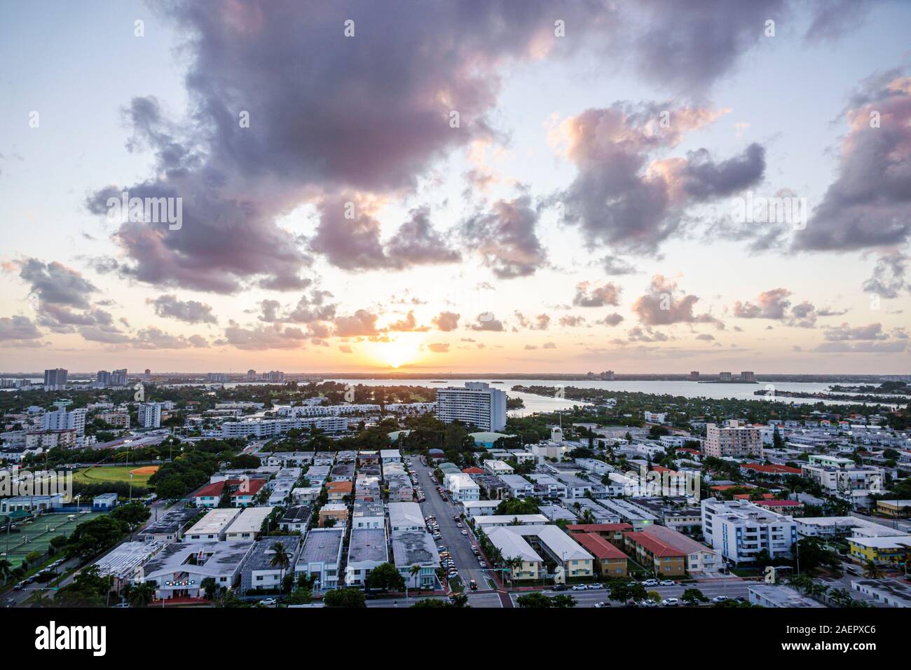 Miami Beach Florida,North Beach,city skyline,rooftops,Biscayne Bay,sunset,FL190920182 Stock Photo