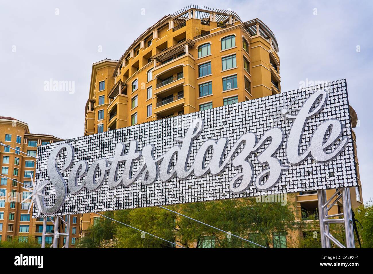 Scottsdale, AZ - Dec. 3, 2019:  This Scottsdazzle sign at the waterfront’s Soleri Bridge is part of the annual holiday event taking place throughout t Stock Photo