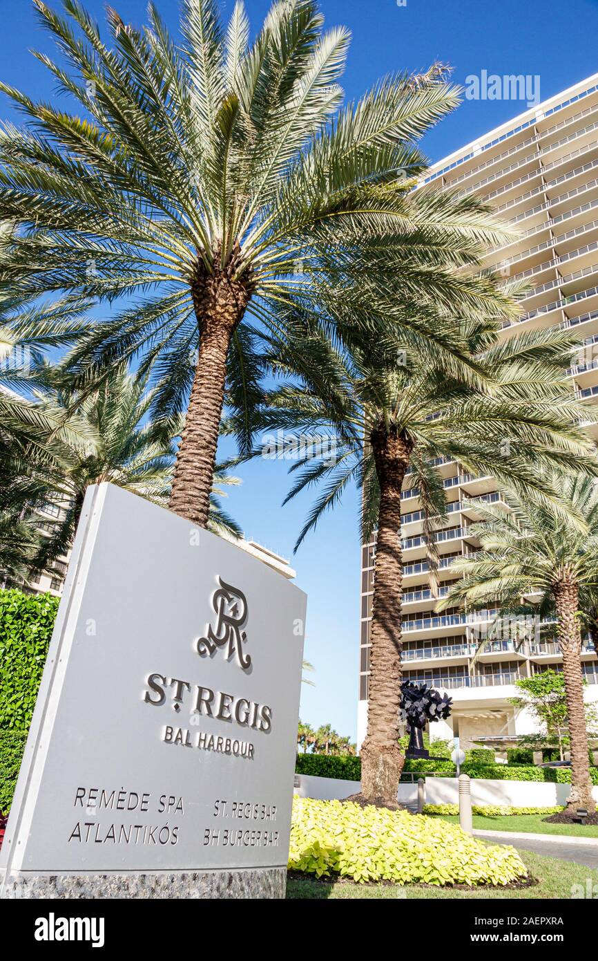 Miami Florida,Bal Harbour,Collins Avenue,St. Regis,residences,upscale luxury hotel,driveway entrance sign,palm tree,FL191110003 Stock Photo