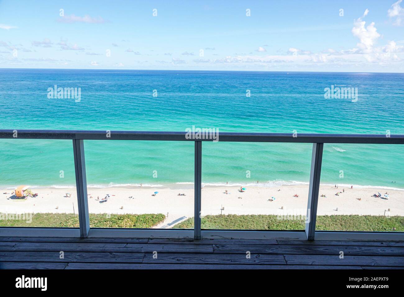 Miami Beach Florida,North Beach,Atlantic Ocean,public oceanfront,shore,view,sand,glass balcony railing,aerial overhead view from above,FL191110010 Stock Photo