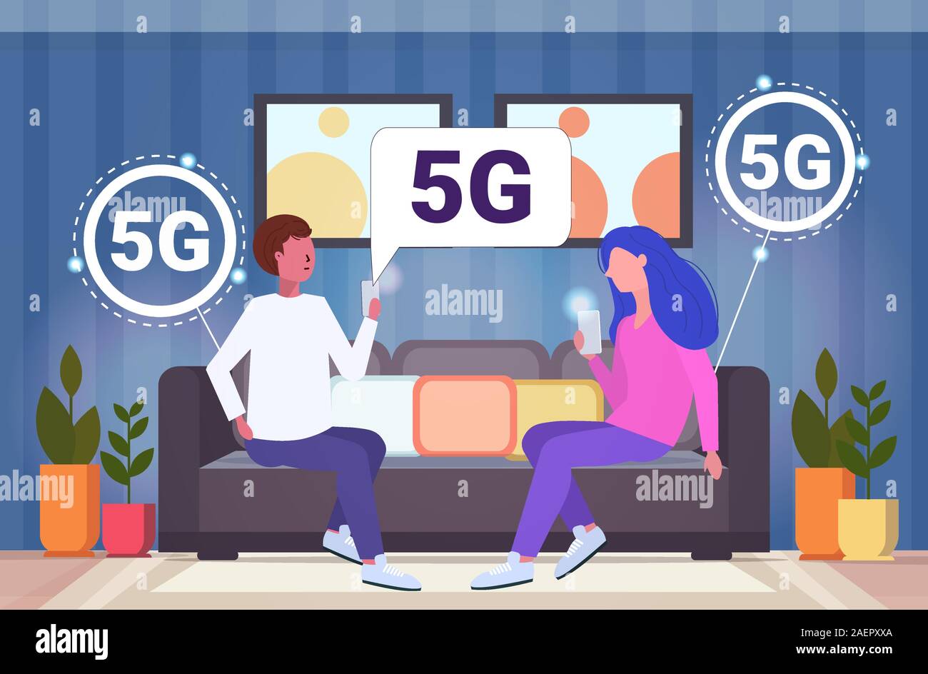 couple using smartphones 5G online communication wireless systems connection fifth innovative internet generation man woman sitting on couch modern living room interior full length horizontal vector illustration Stock Vector