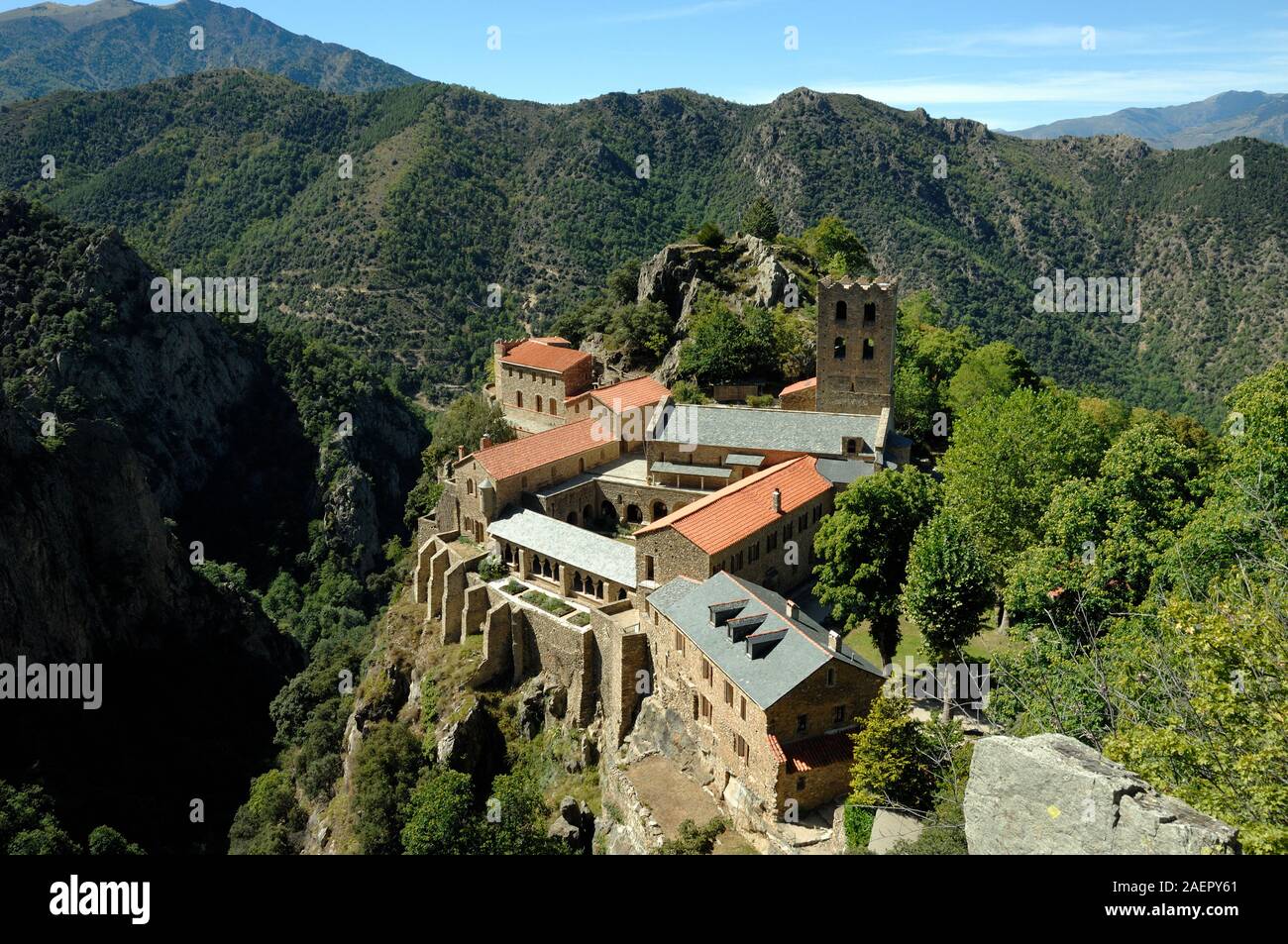 Aerial View or High-Angle View of Abbaye Saint-Martin du Canigou Abbey or Benedictine Monastery, f. c10th by Guifred II, Pyrénées-Orientales France Stock Photo