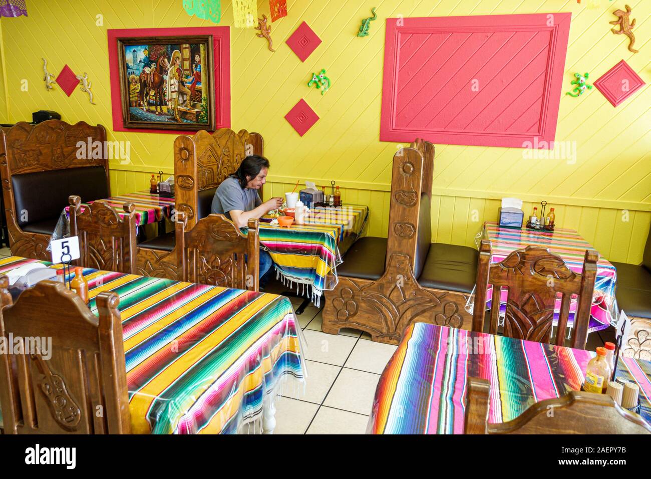 Indiantown Florida,Indiantown Florida,La Mexicana Restaurante, restaurant,interior inside,traditional decor,booth,Mexican ethnic food,colorful textile Stock Photo