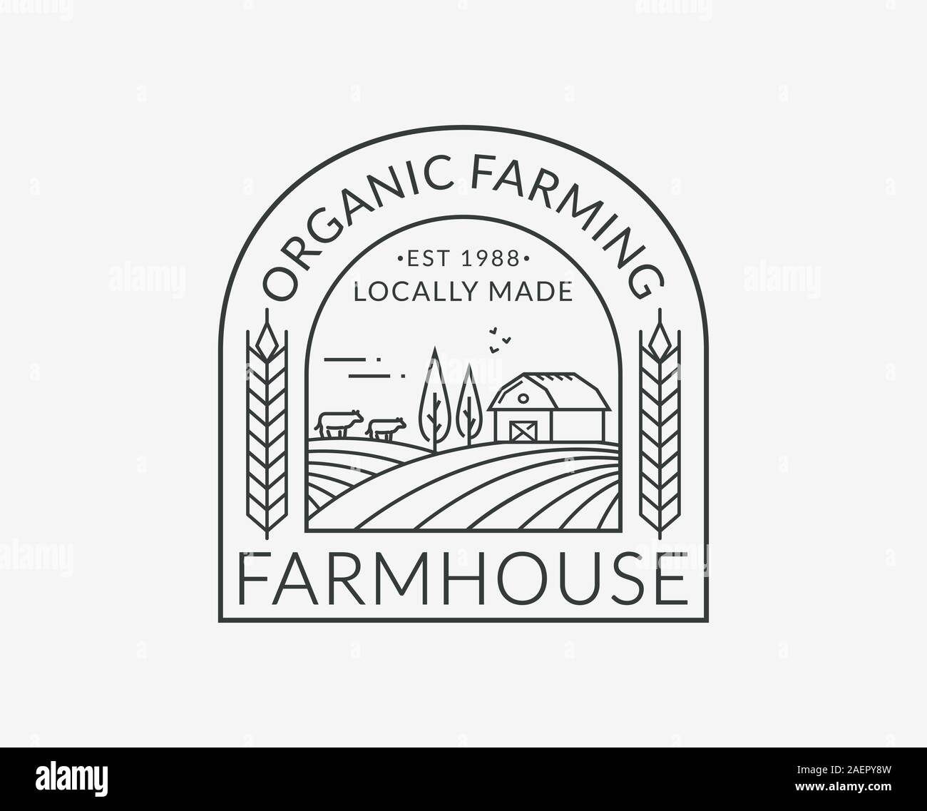 Farm logo isolated on white background. Line emblem with farmhouse, cows and wheat ear. Vector outline badge for natural products and organic food. Stock Vector