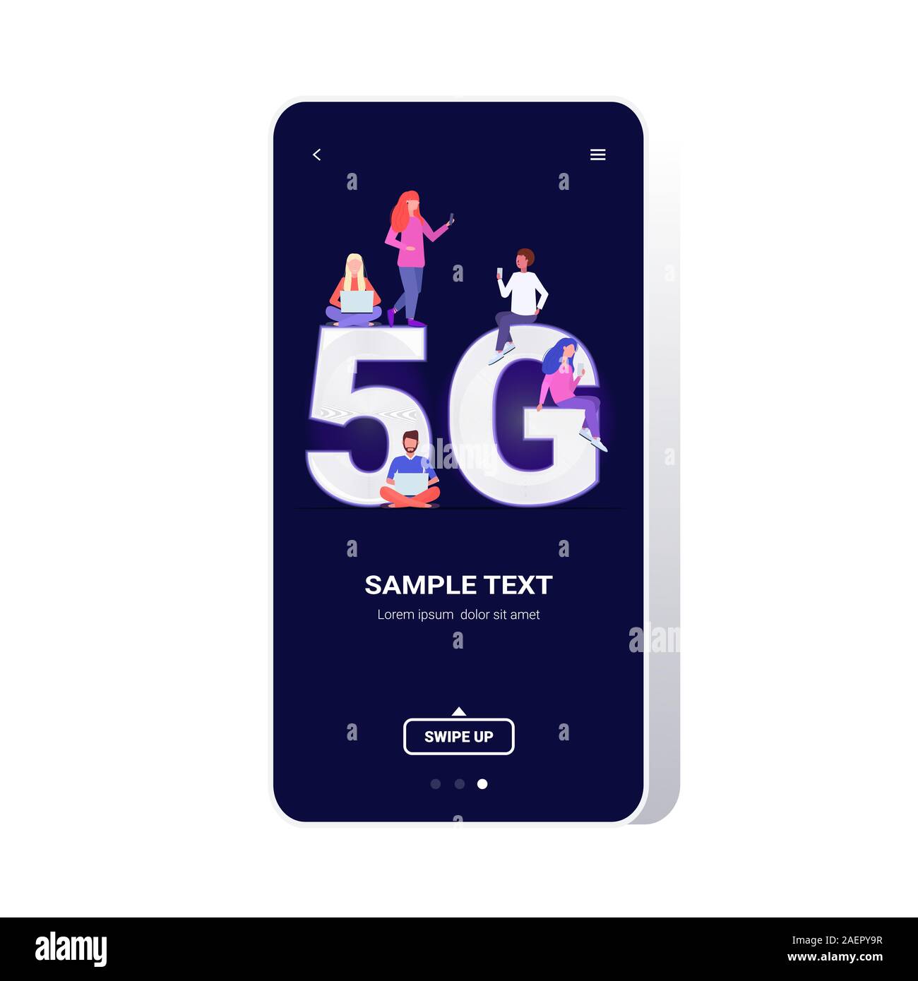 mix race people using digital devices 5G online wireless systems connection fifth innovative generation of high speed internet concept smartphone screen mobile app full length vector illustration Stock Vector