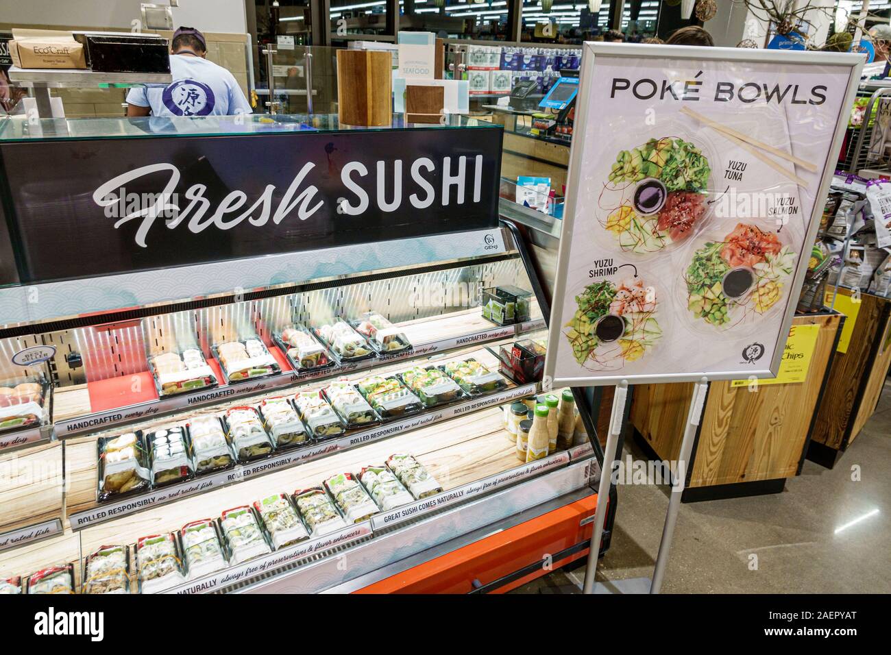 Orlando Florida,Whole Foods Market,supermarket grocery store,organic grocer,inside interior,deli,fresh sushi,prepackaged,poke bowls,Japanese food,shop Stock Photo
