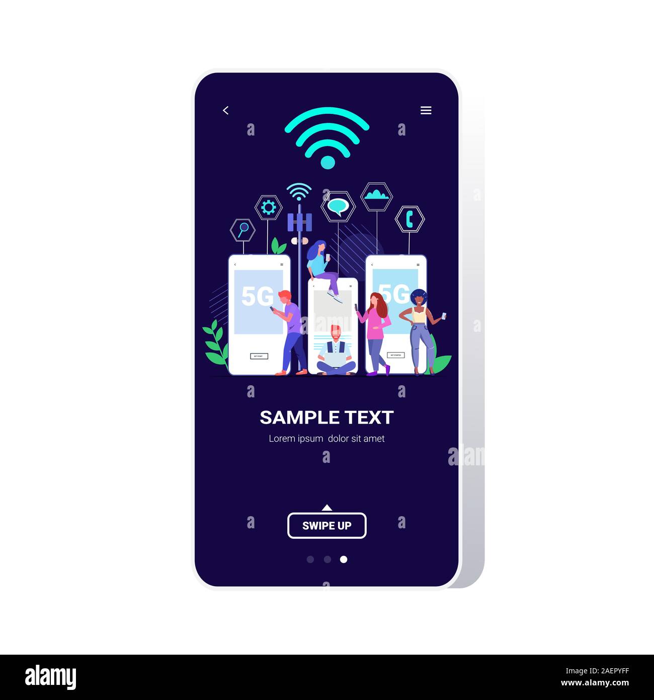 people using digital gadgets 5G online wireless system connection fifth innovative generation of internet full length smartphone screen copy space vector illustration Stock Vector