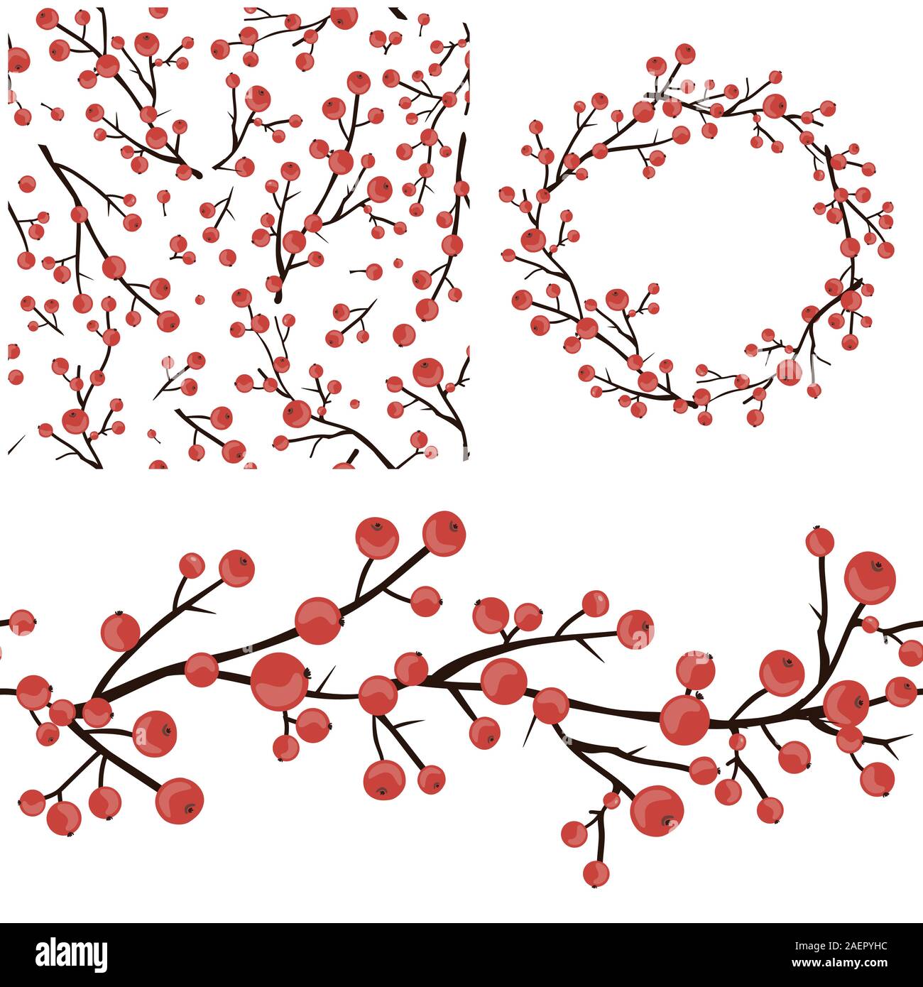 Berry Christmas Vector Set. Seamless Pattern, Border, and Wreath with holly branches isolated on white. Vector illustration for festive design Stock Vector