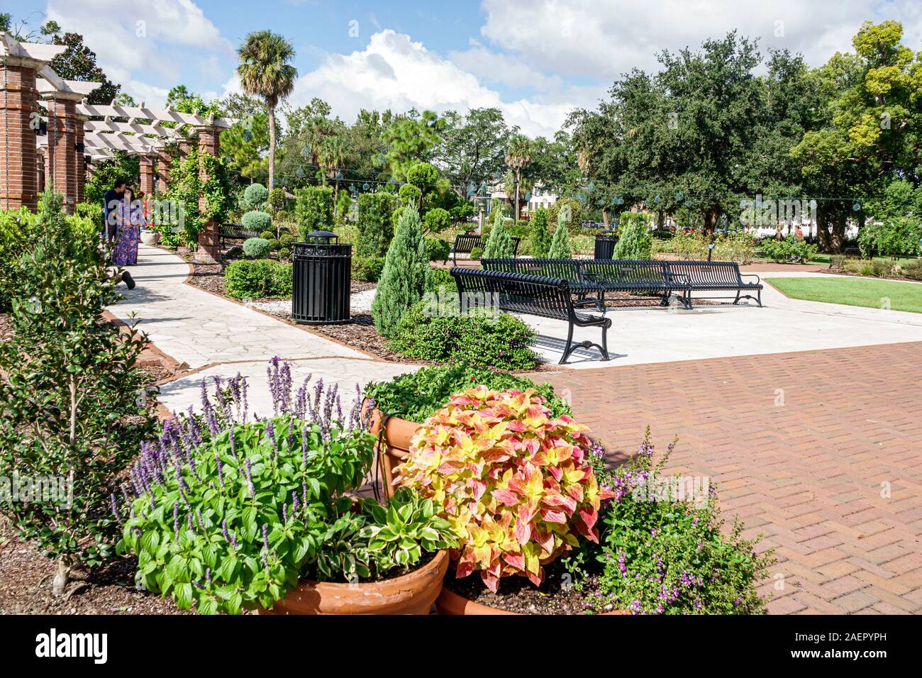 Orlando Winter Park Florida,Downtown,historic district,Central Park,public urban green space,garden,landscaping,walking path,bench,planter,FL191110077 Stock Photo
