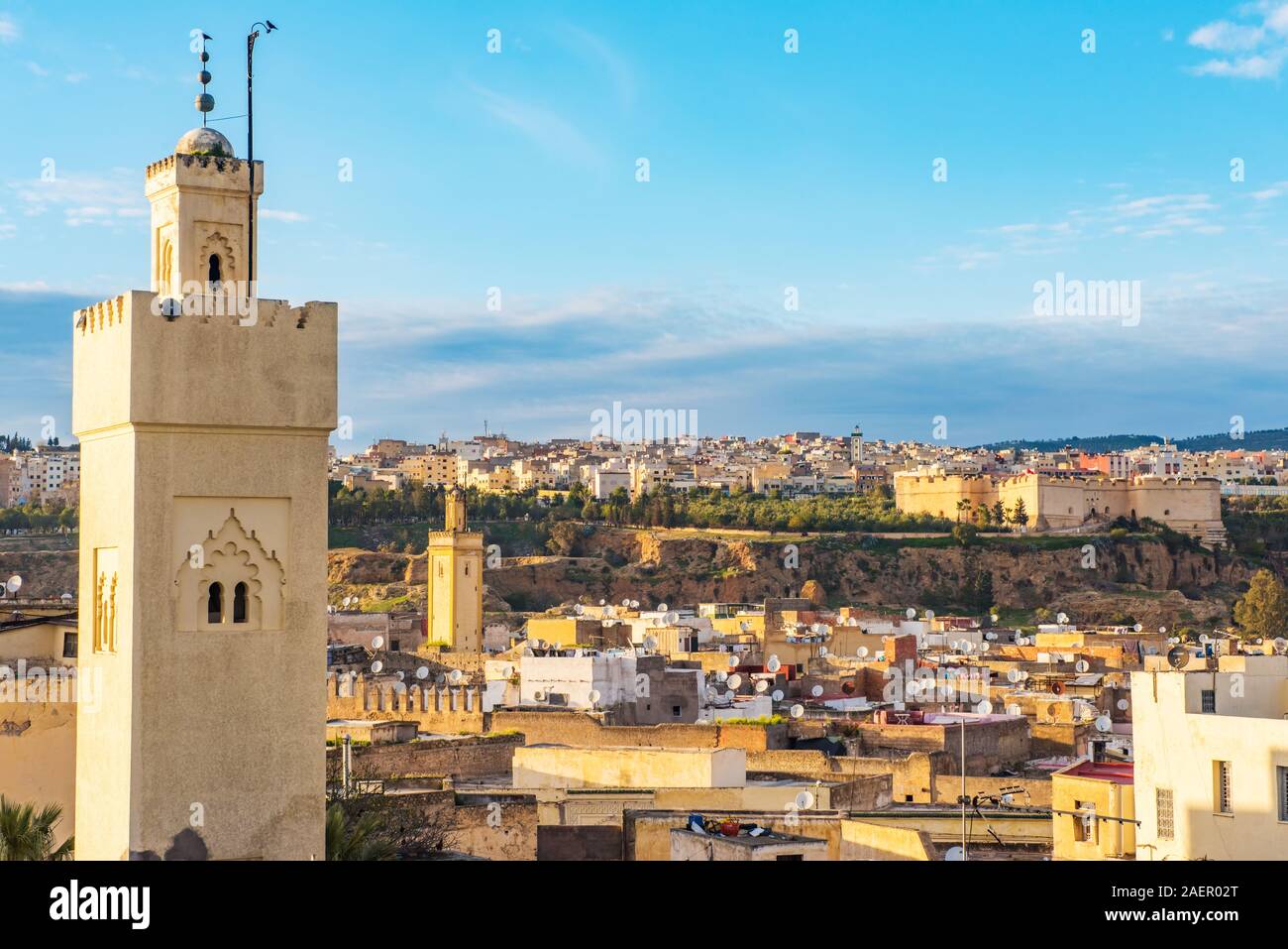 Fes, Morocco Africa. Old town panorama with Qaraouiyine Mosque and medina Stock Photo