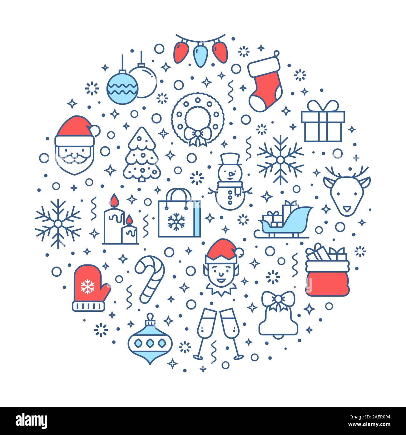 Christmas banner with holiday line icons. White background with outline symbols. Vector illustration. Stock Vector
