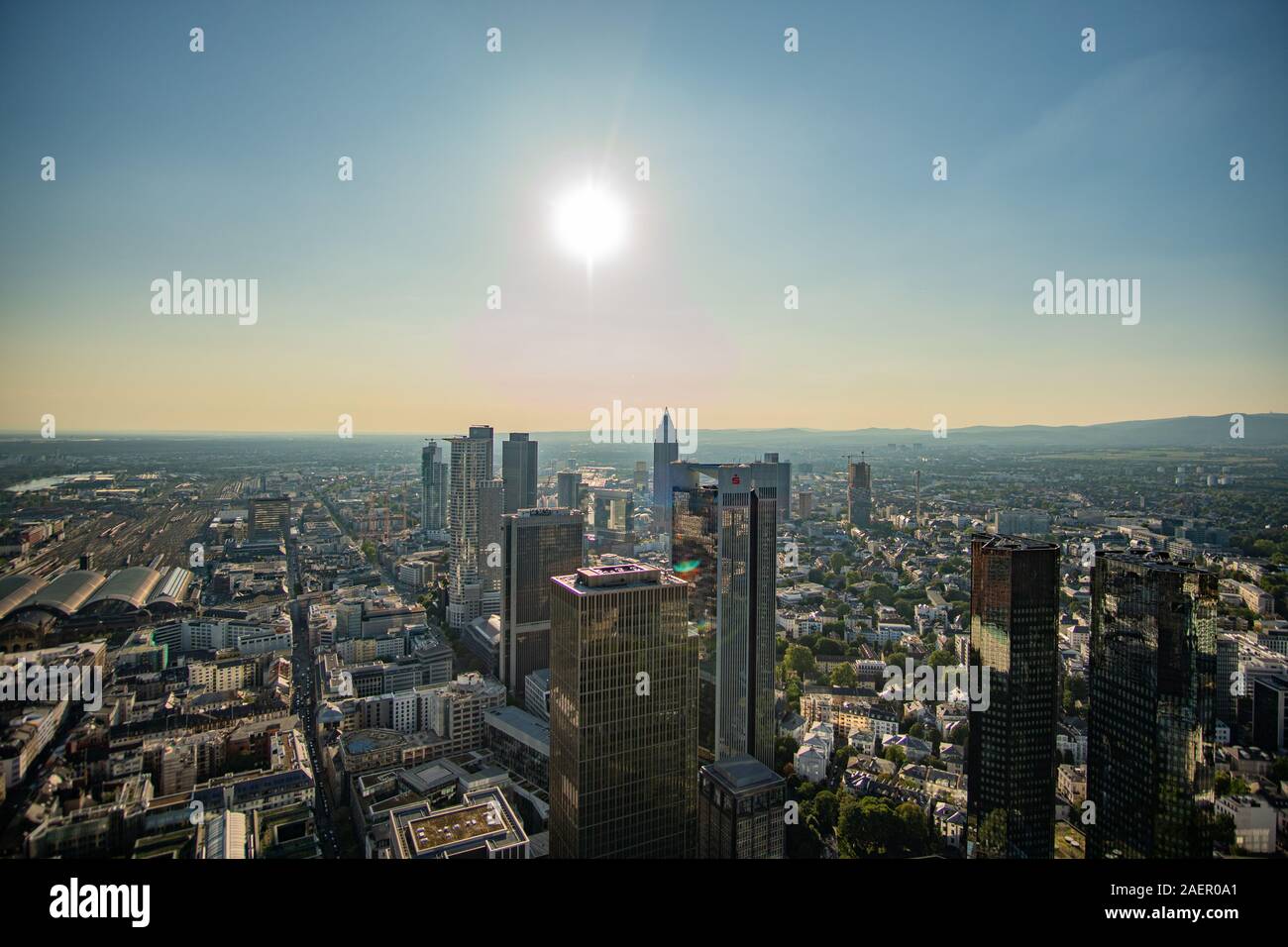 Frankfurt Skyline in the Sun - view from Maintower Stock Photo
