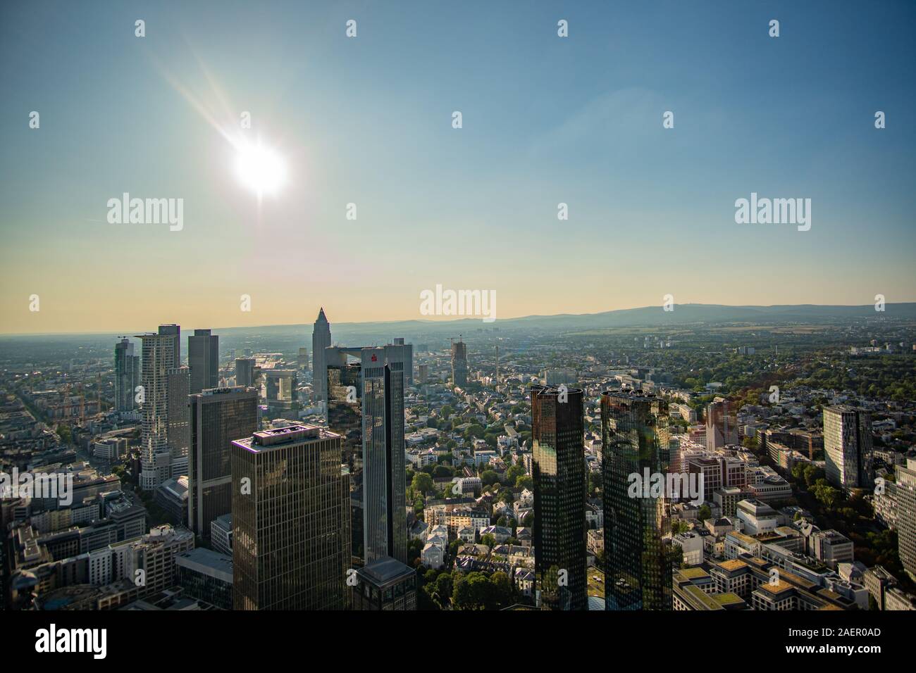 Frankfurt Skyline in the Sun - view from Maintower Stock Photo