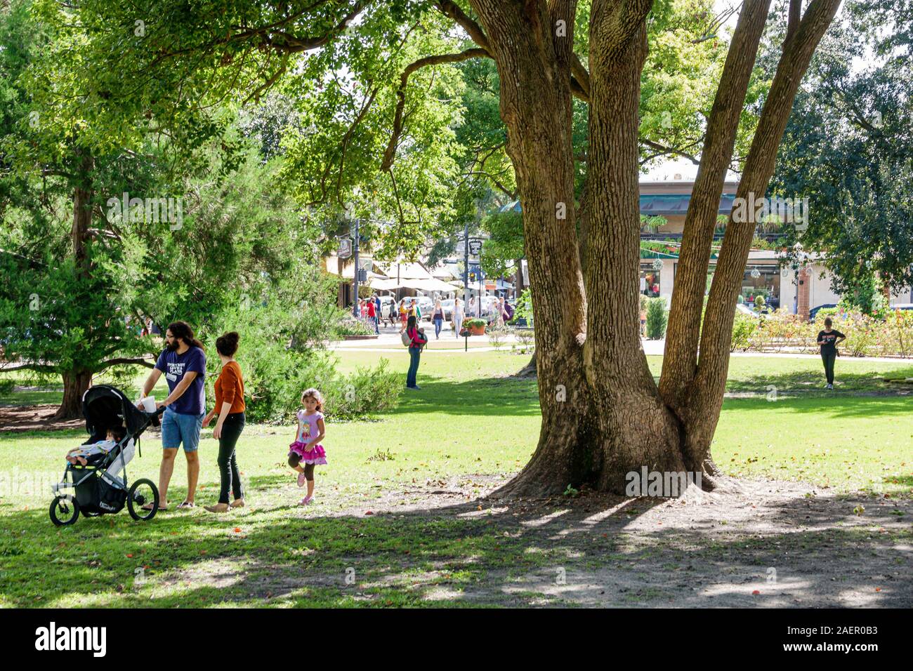 Orlando Winter Park Florida,Downtown,historic district,Central Park,public urban green space,lawn,trees,shade,man,woman,girl,baby,stroller,family,walk Stock Photo