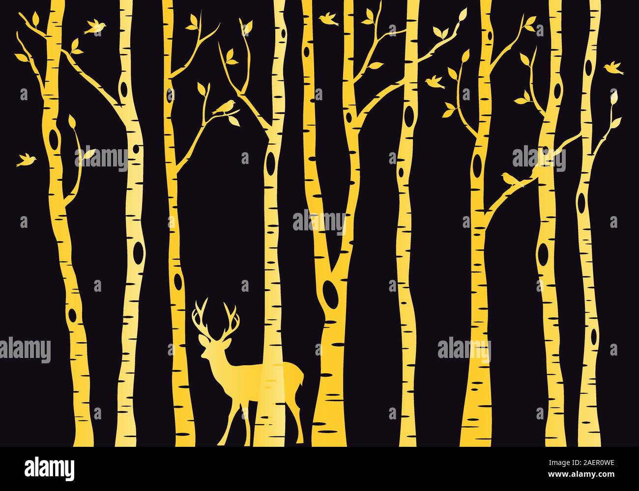 Gold birch tree forest with reindeer, vector illustration Stock Vector