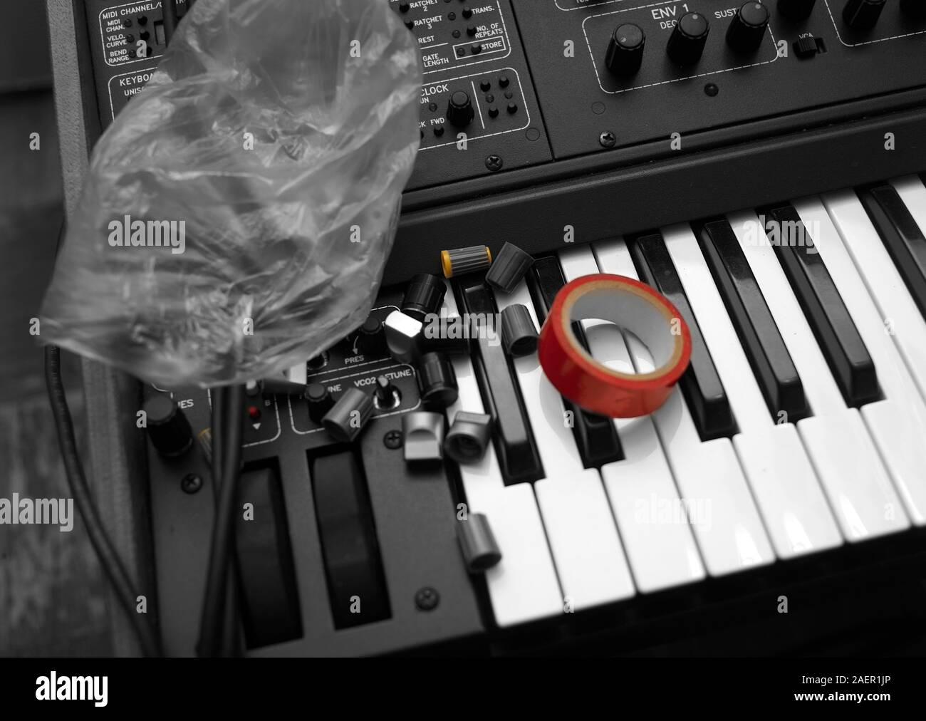 potentiometer knobs replacement on synthesizer, selective color shot