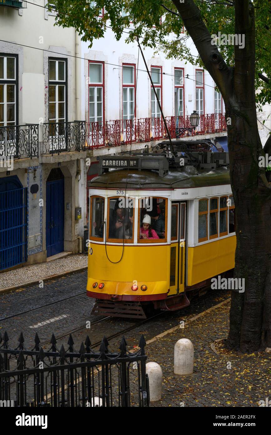 Cable car on street, Lisbon, Santo Antonio church, Lisboa Region, Portugal Stock Photo