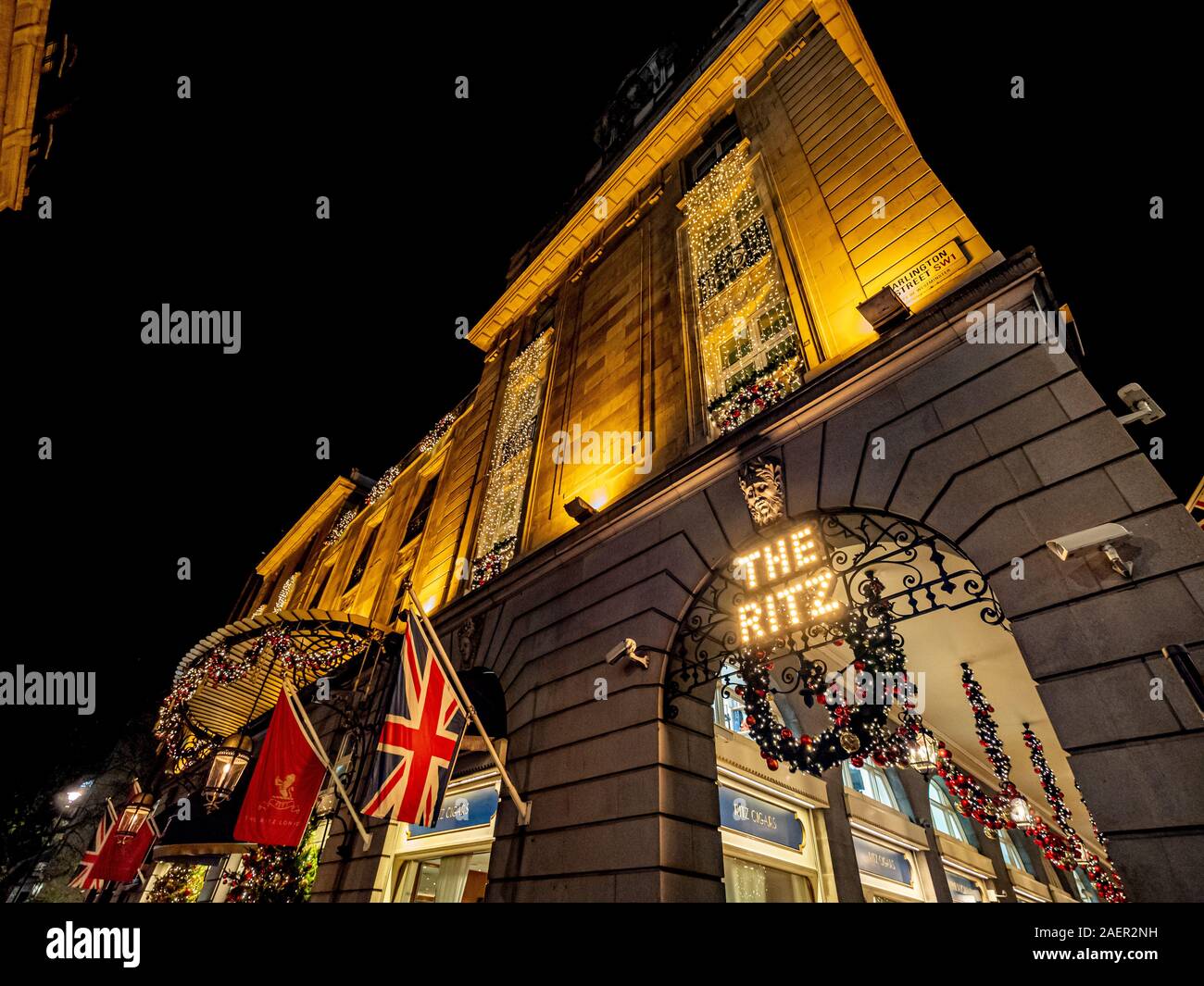 The Ritz hotel exterior at Christmas, London, UK. Stock Photo