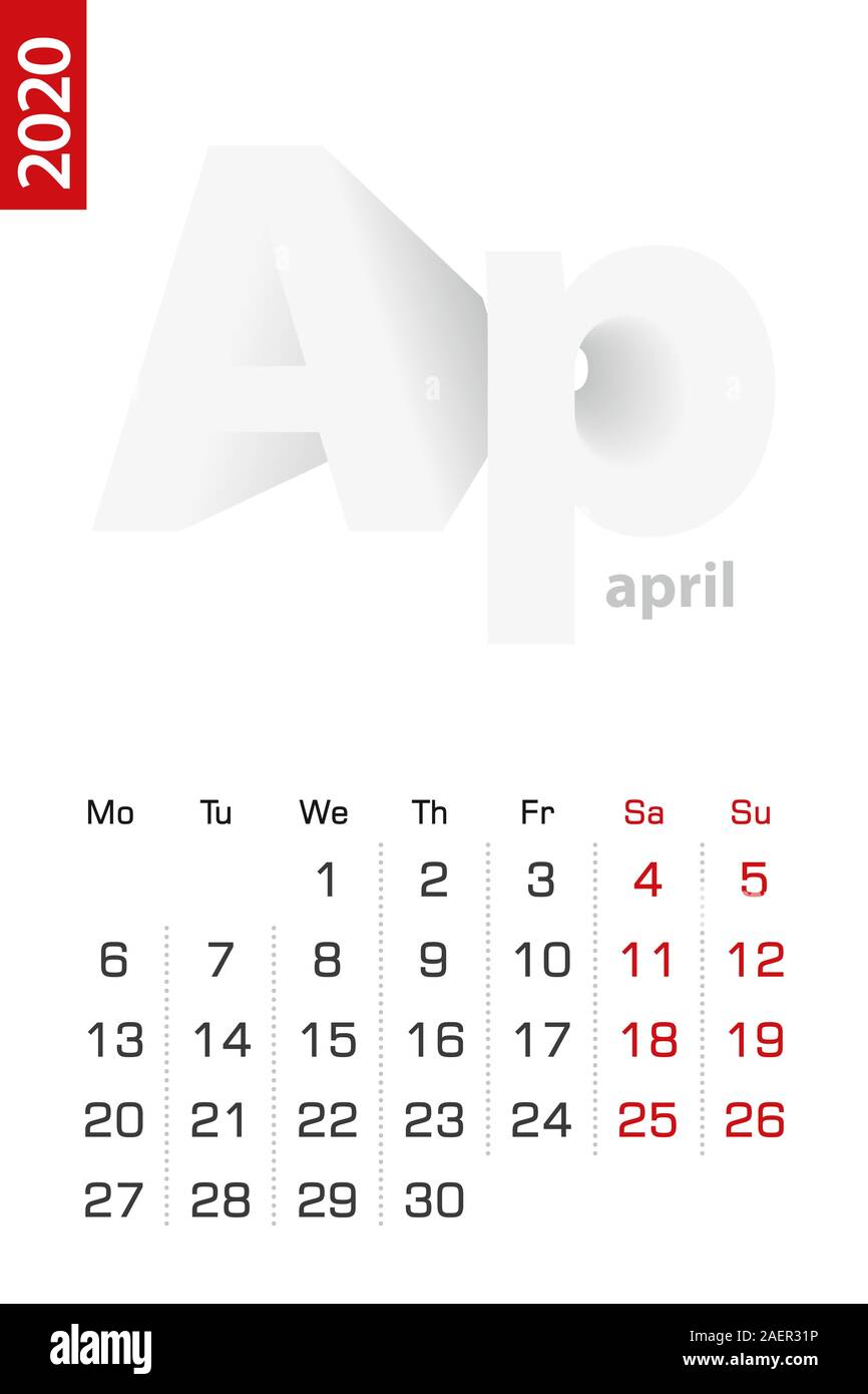 Minimalist calendar template for April 2020, vector calendar in English.  Vector calendar for 2020 Stock Vector Image & Art - Alamy