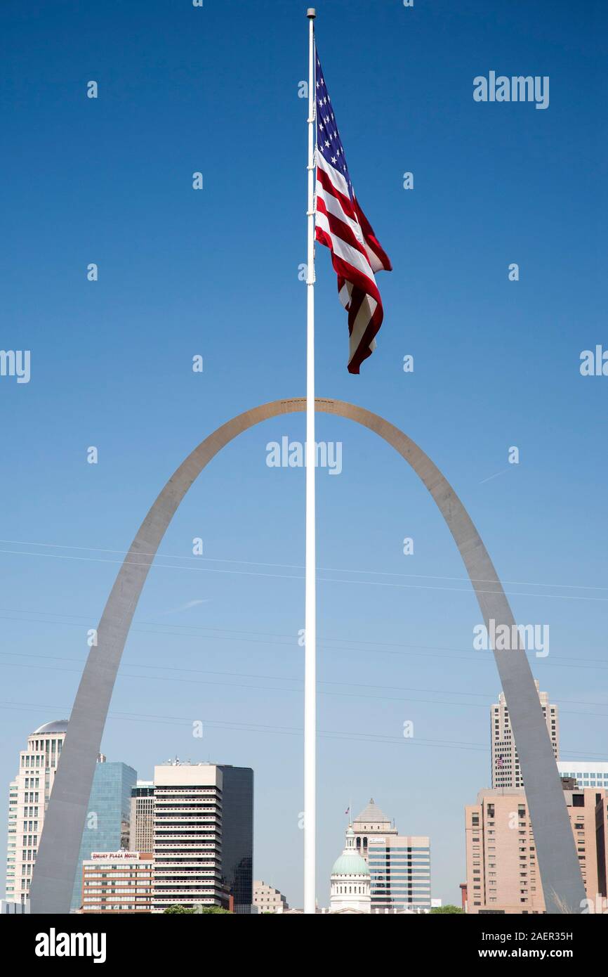 St Louis Arch centered on American Flag Stock Photo
