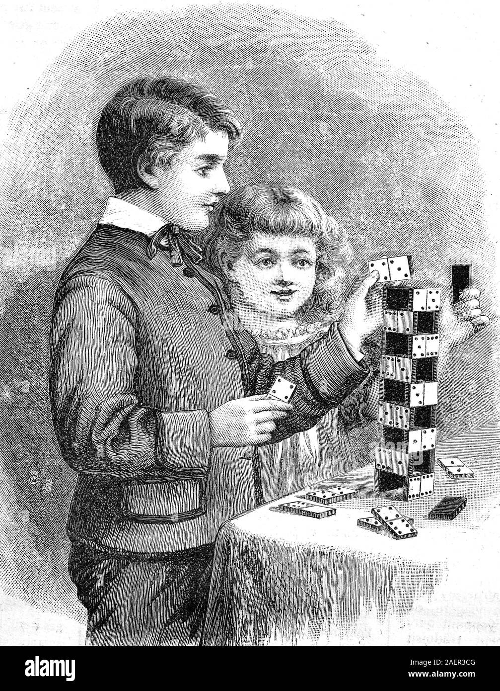 Children build a tower with dominoes  /  Kinder bauen mit Dominosteinen einen Turm, Reproduction of an original 19th century print / Reproduktion von einem Originaldruck aus dem 19. Jahrhundert Stock Photo