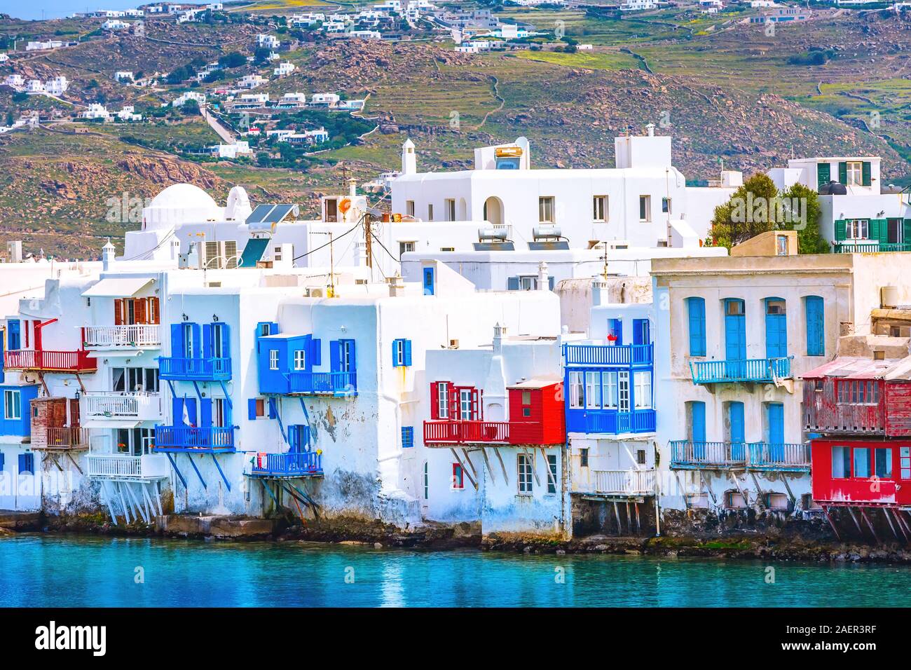 Mykonos, Greece aerial panoramic view of Little Venice white traditional houses on water Stock Photo