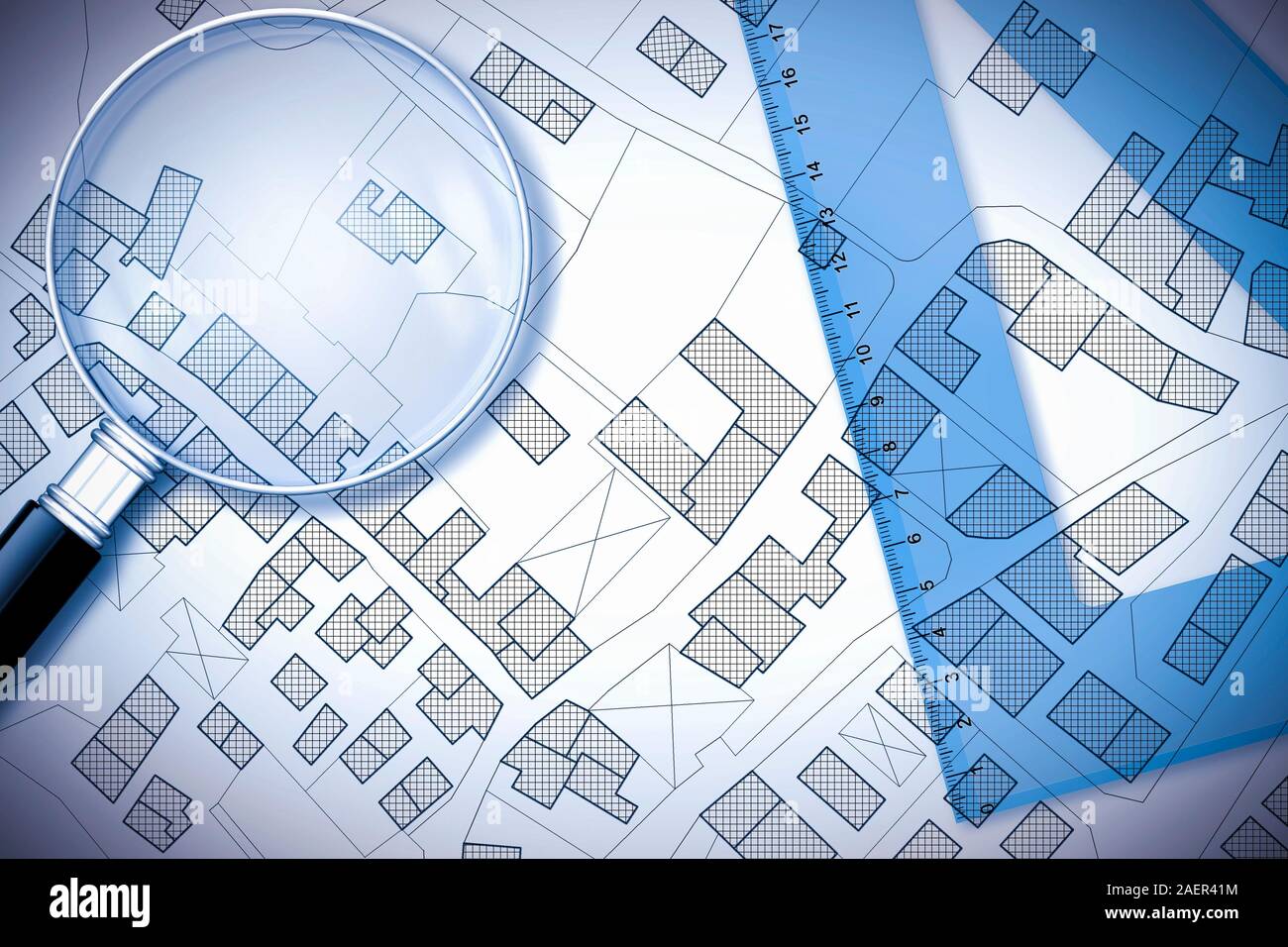 Plastic set square and magnifying glass over an imaginary cadastral map of territory with buildings, fields and roads - 3D render concept image with c Stock Photo