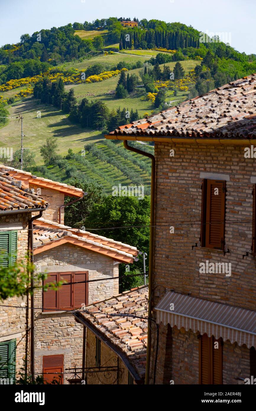 Montone is a tiny hill-top village in Umbria, Italy, surrounded by hills and farms. Stock Photo