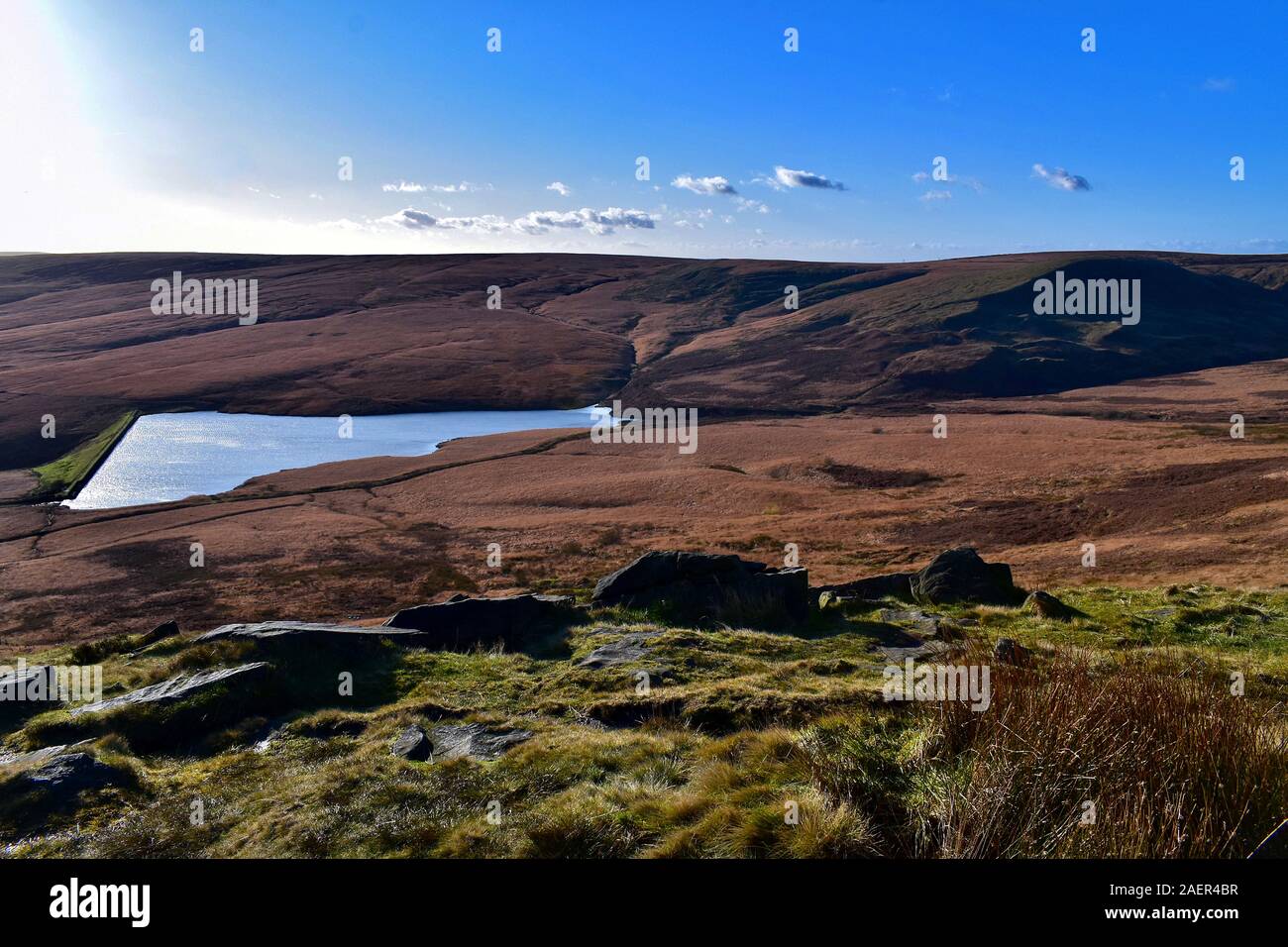 March Haigh Reservoir and Marsden Moor. Stock Photo