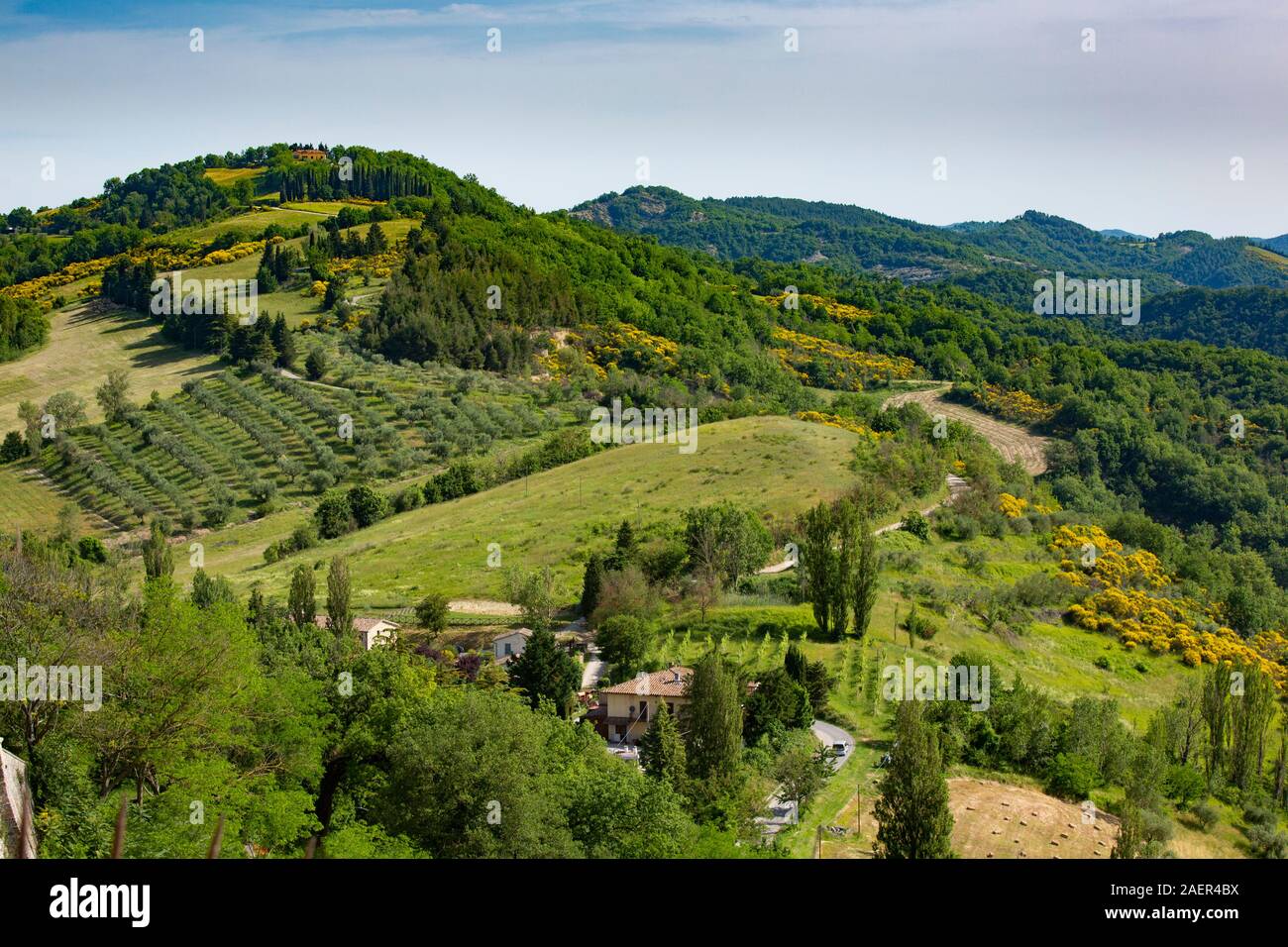 Montone is a tiny hill-top village in Umbria, Italy, surrounded by hills and farms. Stock Photo